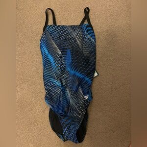 Blue black and grey patterned suit.  New from the box.  Speedo PowerFLEX eco